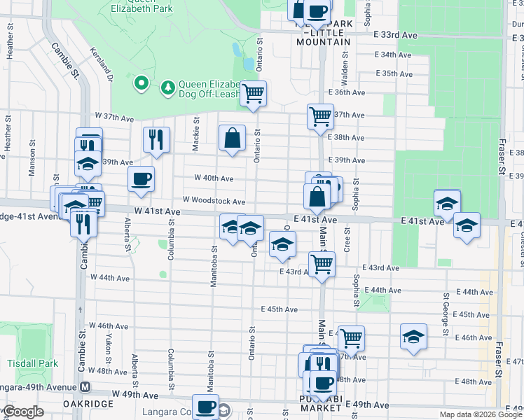 map of restaurants, bars, coffee shops, grocery stores, and more near 21 East 41st Avenue in Vancouver