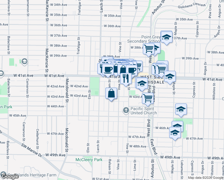 map of restaurants, bars, coffee shops, grocery stores, and more near 5850 Balsam Street in Vancouver