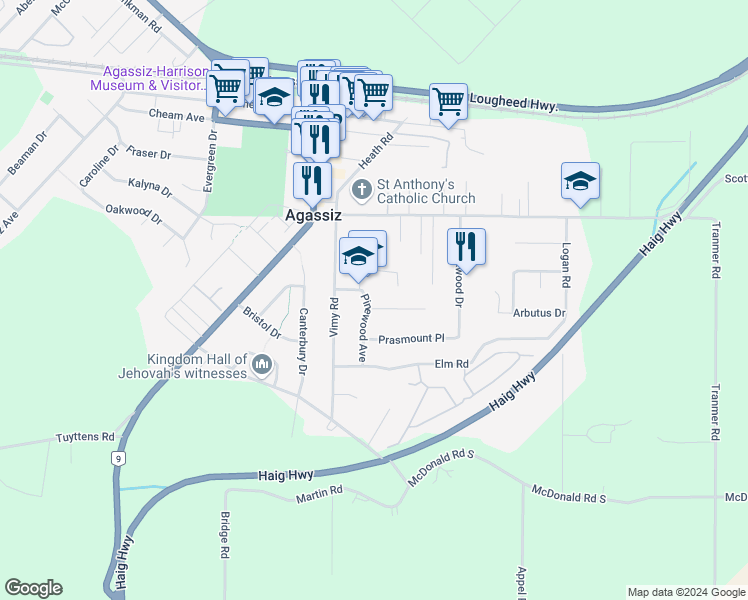 map of restaurants, bars, coffee shops, grocery stores, and more near 1528 Pinewood Avenue in Agassiz