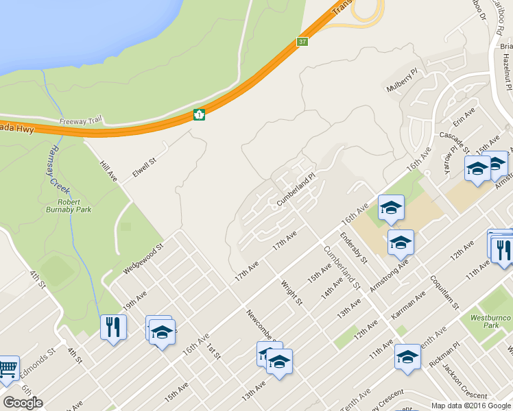 map of restaurants, bars, coffee shops, grocery stores, and more near in Burnaby