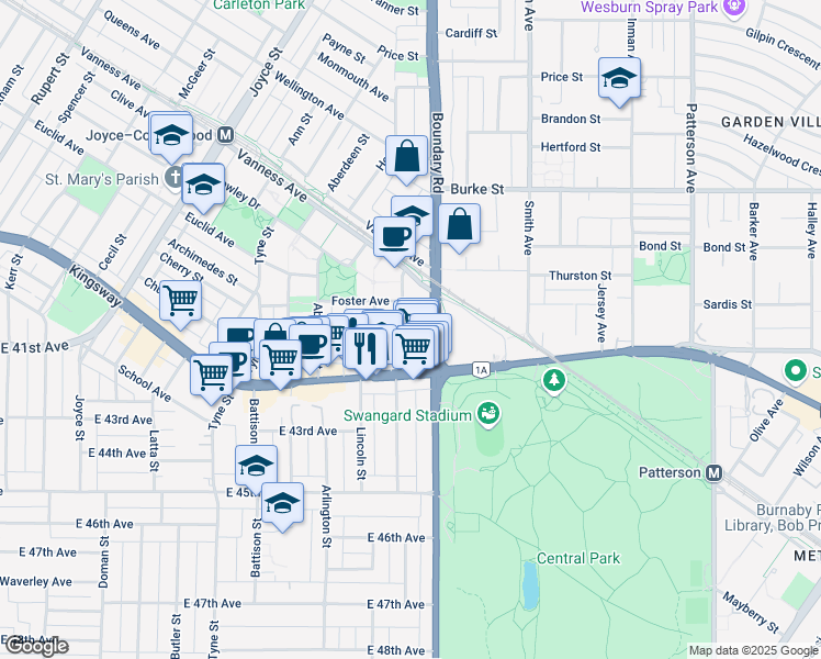 map of restaurants, bars, coffee shops, grocery stores, and more near 3665 Kingsway in Vancouver
