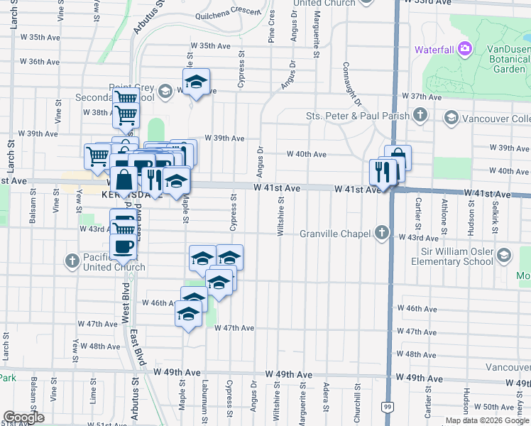 map of restaurants, bars, coffee shops, grocery stores, and more near in Vancouver