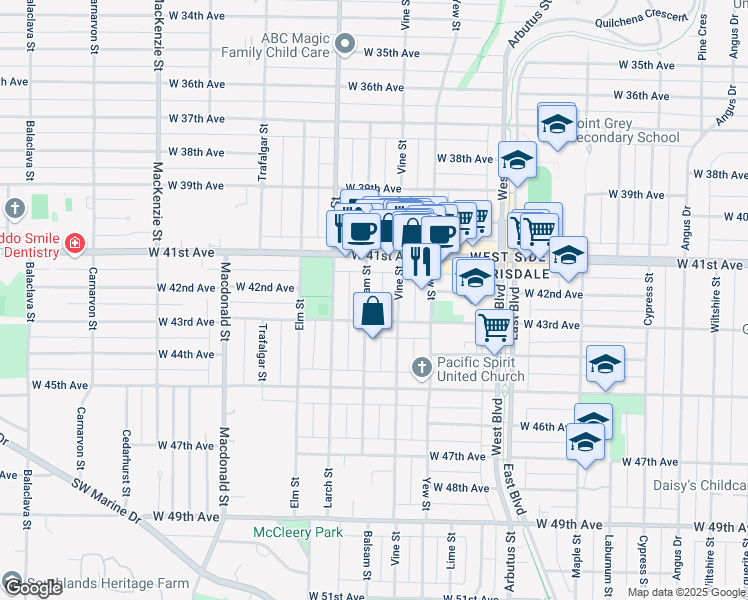 map of restaurants, bars, coffee shops, grocery stores, and more near 5850 Balsam Street in Vancouver