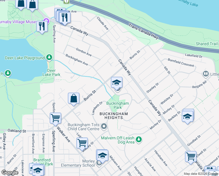 map of restaurants, bars, coffee shops, grocery stores, and more near 6039 Buckingham Avenue in Burnaby