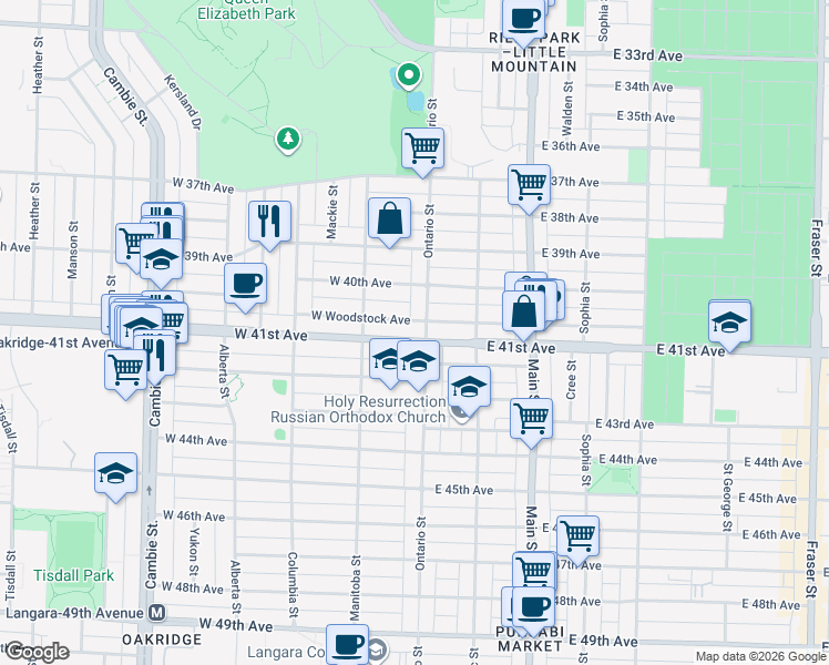 map of restaurants, bars, coffee shops, grocery stores, and more near 17 West 41st Avenue in Vancouver
