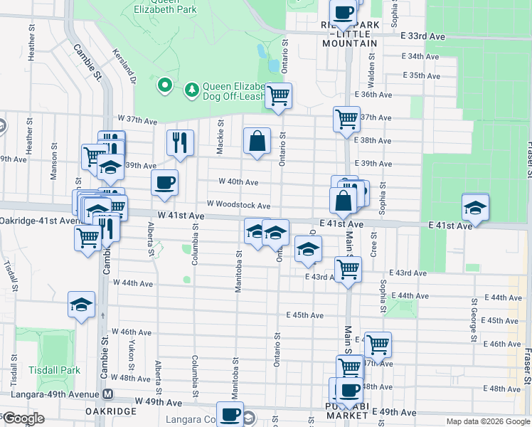 map of restaurants, bars, coffee shops, grocery stores, and more near 35 West 41st Avenue in Vancouver