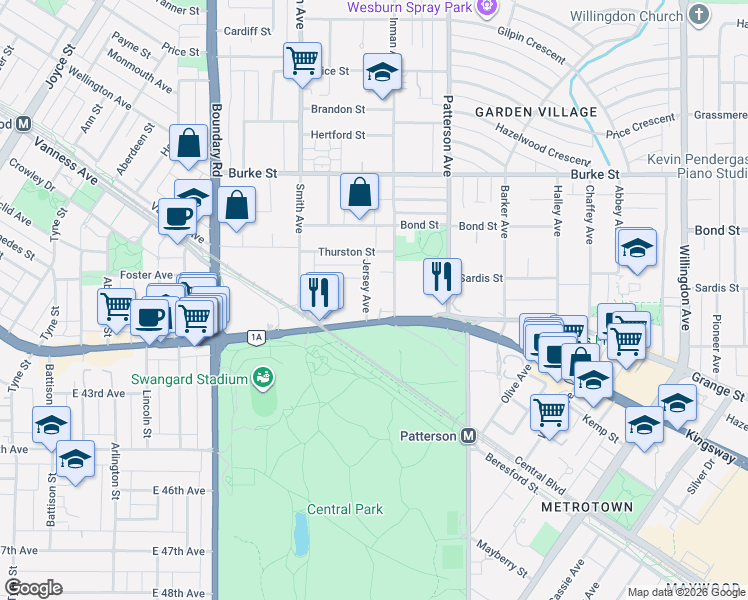 map of restaurants, bars, coffee shops, grocery stores, and more near 5674 Jersey Avenue in Burnaby