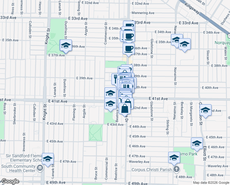 map of restaurants, bars, coffee shops, grocery stores, and more near 1912 East 40th Avenue in Vancouver