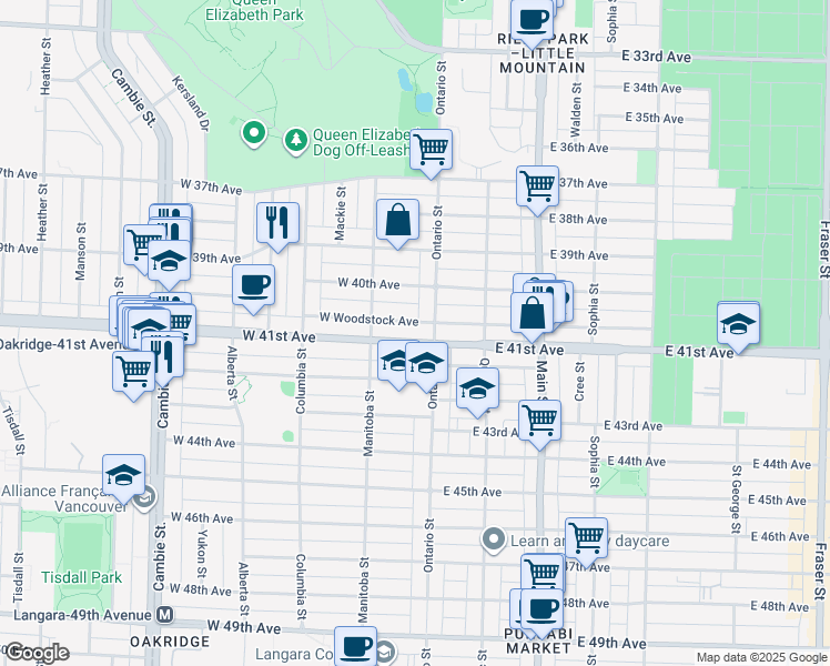 map of restaurants, bars, coffee shops, grocery stores, and more near 29 West 41st Avenue in Vancouver