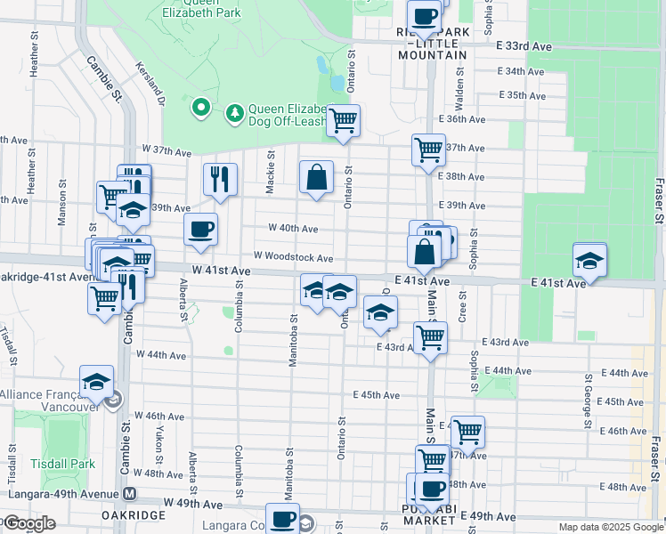 map of restaurants, bars, coffee shops, grocery stores, and more near 23 West 41st Avenue in Vancouver