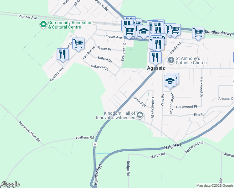 map of restaurants, bars, coffee shops, grocery stores, and more near 1530 MacKay Crescent in Agassiz