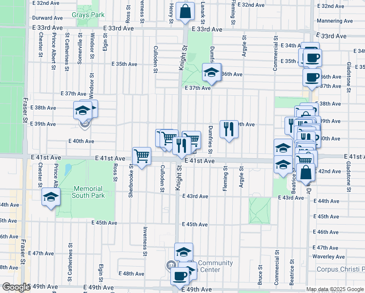 map of restaurants, bars, coffee shops, grocery stores, and more near 5658 Knight Street in Vancouver