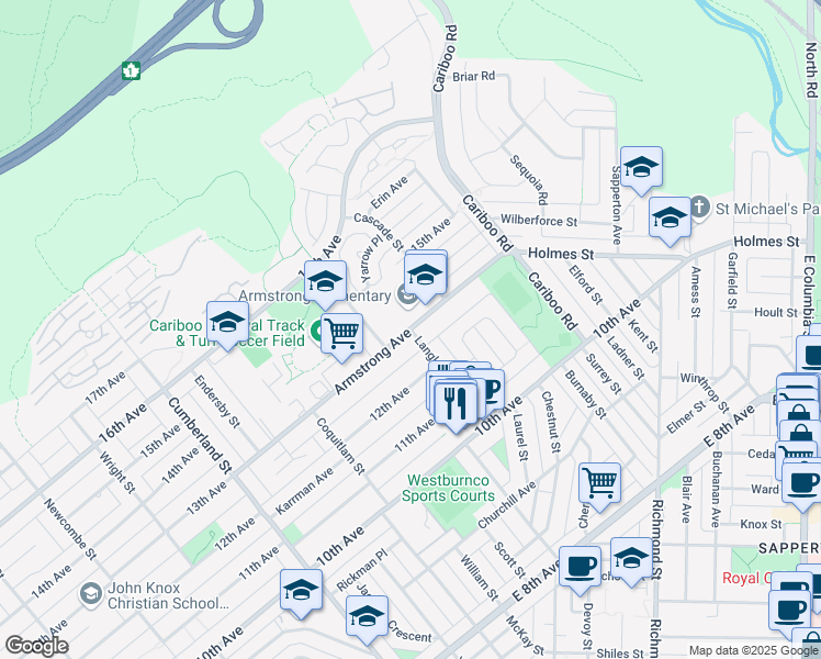 map of restaurants, bars, coffee shops, grocery stores, and more near 8700 Armstrong Avenue in Burnaby