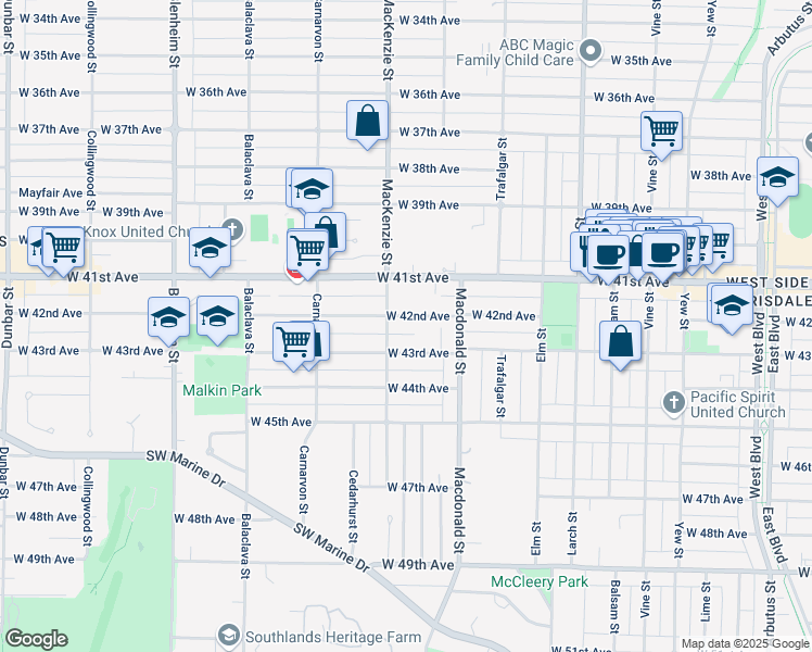 map of restaurants, bars, coffee shops, grocery stores, and more near 2876 West 42nd Avenue in Vancouver