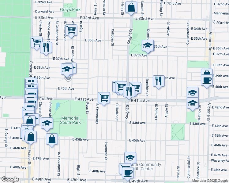 map of restaurants, bars, coffee shops, grocery stores, and more near 5621 Culloden Street in Vancouver