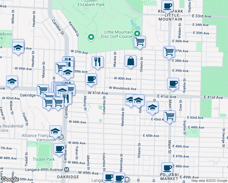 map of restaurants, bars, coffee shops, grocery stores, and more near 153 West 41st Avenue in Vancouver