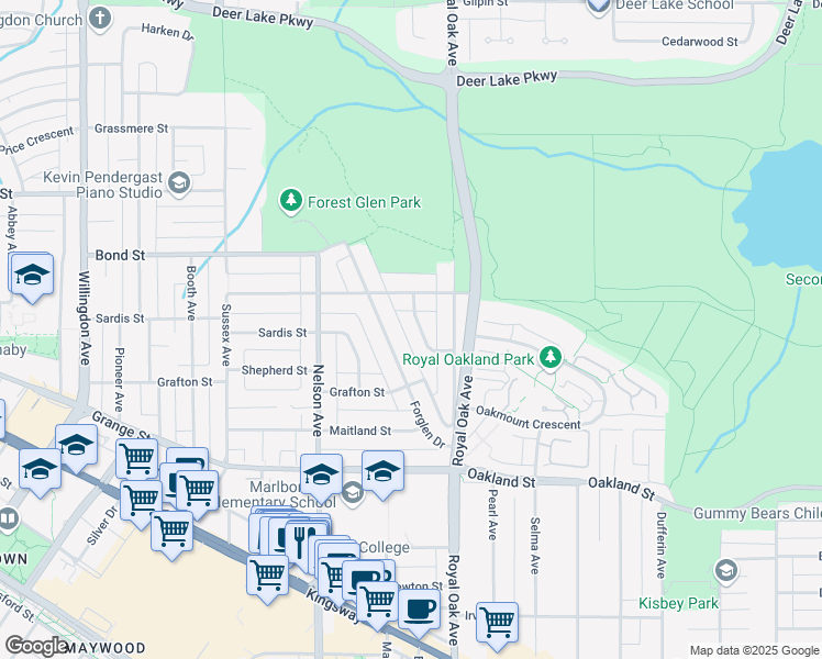 map of restaurants, bars, coffee shops, grocery stores, and more near 5617 Oakglen Drive in Burnaby