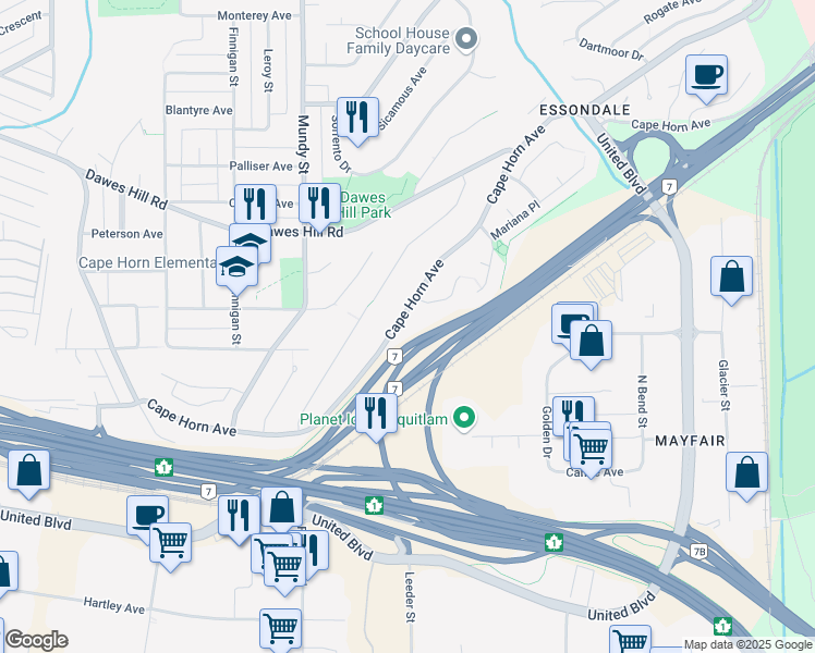 map of restaurants, bars, coffee shops, grocery stores, and more near 2332 Cape Horn Avenue in Coquitlam