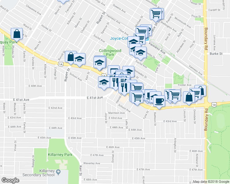 map of restaurants, bars, coffee shops, grocery stores, and more near Harold Street in Vancouver