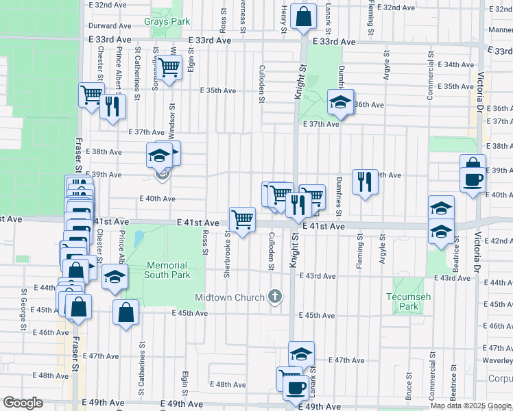 map of restaurants, bars, coffee shops, grocery stores, and more near in Vancouver