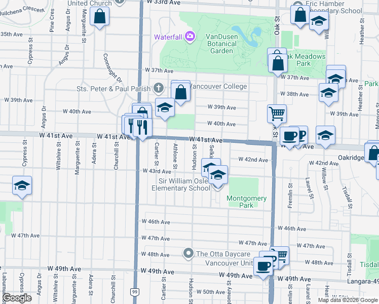 map of restaurants, bars, coffee shops, grocery stores, and more near 5769 Hudson Street in Vancouver