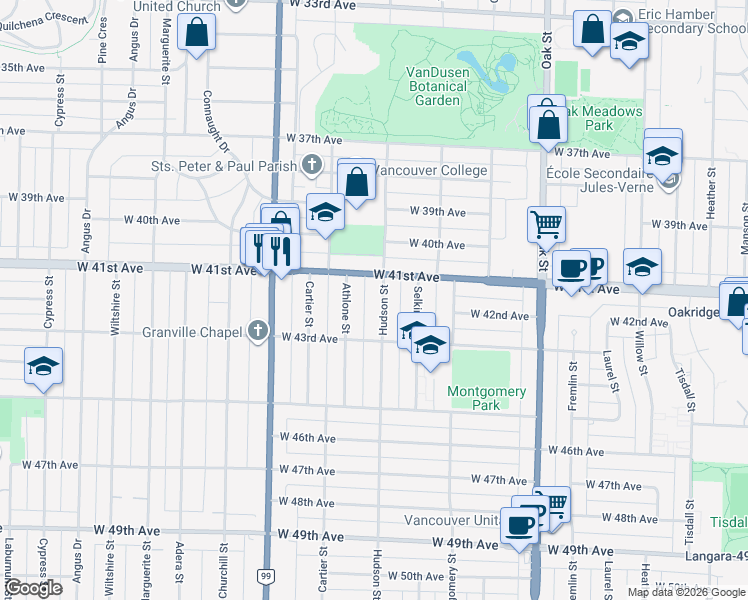 map of restaurants, bars, coffee shops, grocery stores, and more near 5769 Hudson Street in Vancouver