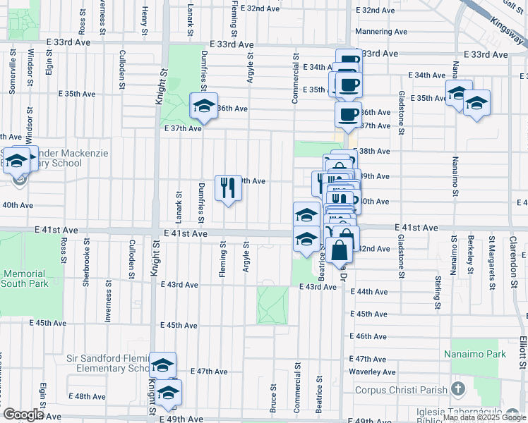 map of restaurants, bars, coffee shops, grocery stores, and more near 5613 Bruce Street in Vancouver