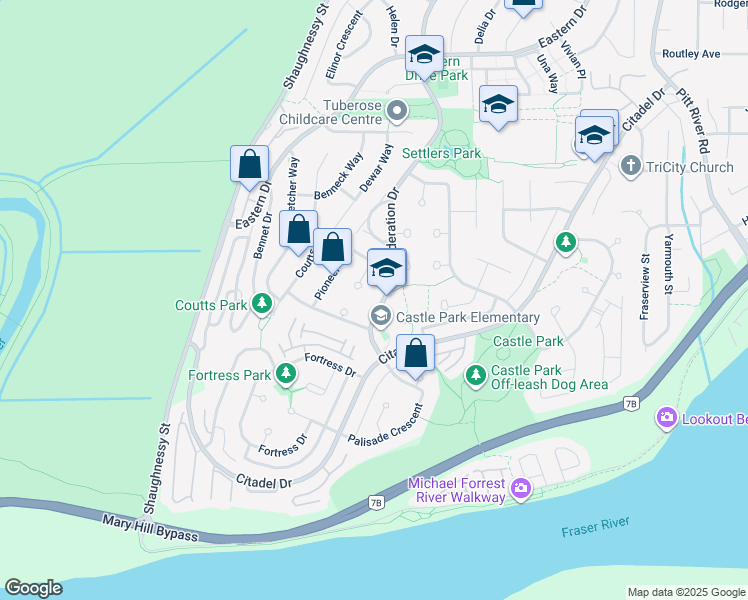 map of restaurants, bars, coffee shops, grocery stores, and more near 1147 Confederation Drive in Port Coquitlam