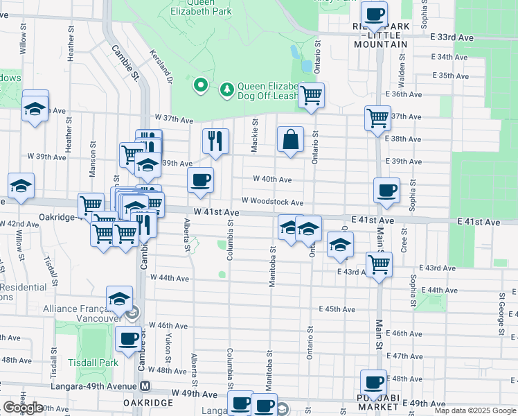 map of restaurants, bars, coffee shops, grocery stores, and more near 135 West 41st Avenue in Vancouver