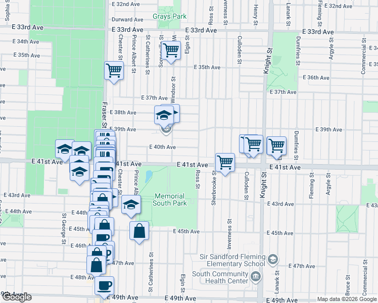 map of restaurants, bars, coffee shops, grocery stores, and more near 1070 East 40th Avenue in Vancouver