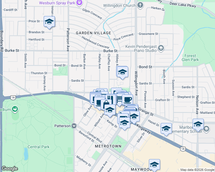 map of restaurants, bars, coffee shops, grocery stores, and more near 5695 Chaffey Avenue in Burnaby
