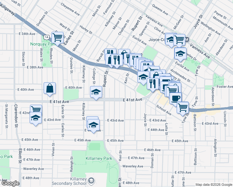 map of restaurants, bars, coffee shops, grocery stores, and more near 5652 Lancaster Street in Vancouver