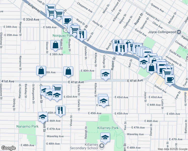 map of restaurants, bars, coffee shops, grocery stores, and more near 5657 Killarney Street in Vancouver