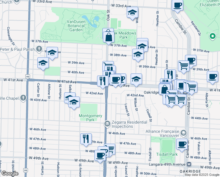 map of restaurants, bars, coffee shops, grocery stores, and more near 5770 Oak Street in Vancouver