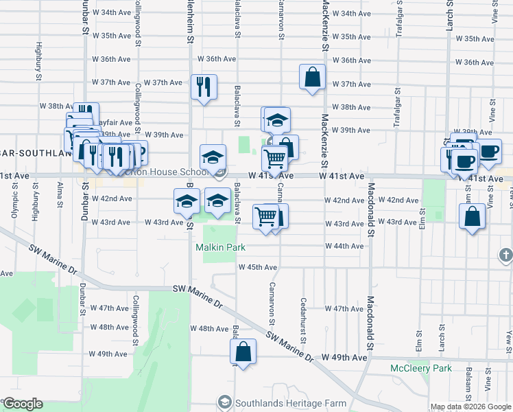 map of restaurants, bars, coffee shops, grocery stores, and more near 3110 West 42nd Avenue in Vancouver