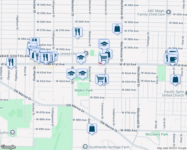 map of restaurants, bars, coffee shops, grocery stores, and more near 3138 West 42nd Avenue in Vancouver