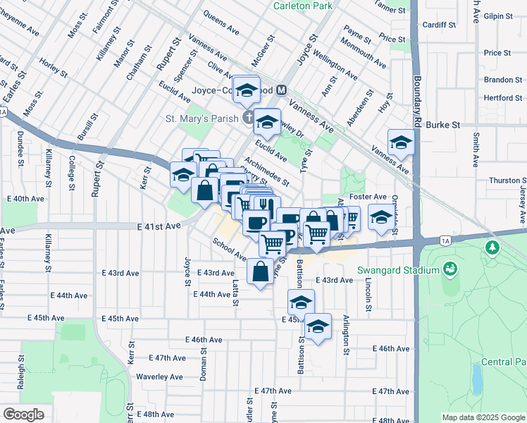 map of restaurants, bars, coffee shops, grocery stores, and more near 3390 Church Street in Vancouver