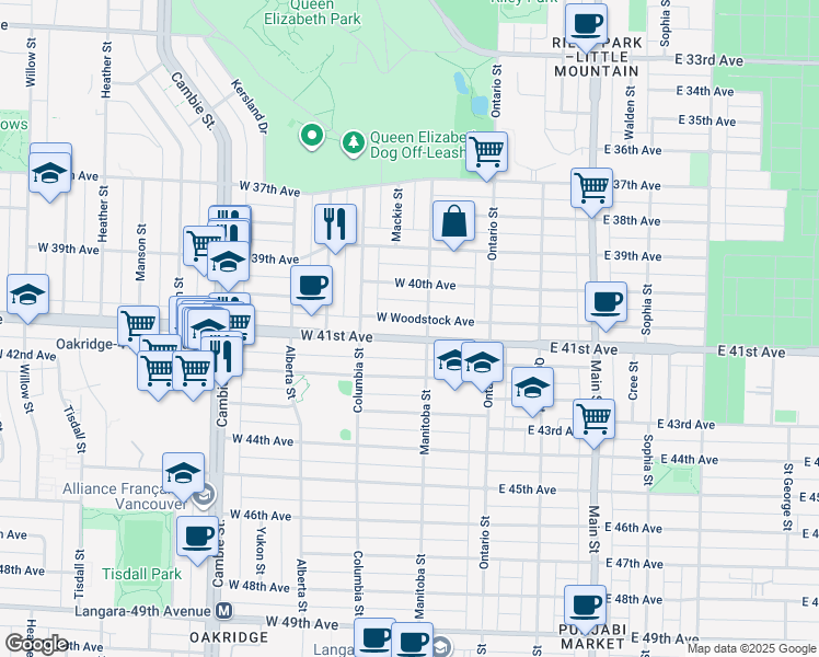 map of restaurants, bars, coffee shops, grocery stores, and more near 128 West Woodstock Avenue in Vancouver