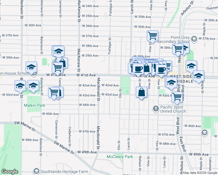 map of restaurants, bars, coffee shops, grocery stores, and more near 2706 West 42nd Avenue in Vancouver