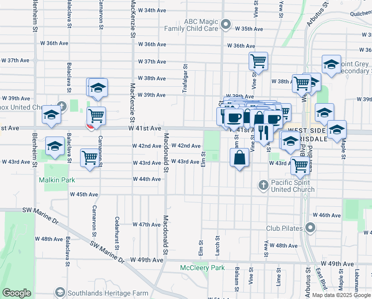map of restaurants, bars, coffee shops, grocery stores, and more near 2696 West 42nd Avenue in Vancouver
