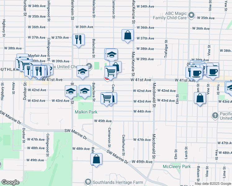 map of restaurants, bars, coffee shops, grocery stores, and more near 2992 West 42nd Avenue in Vancouver