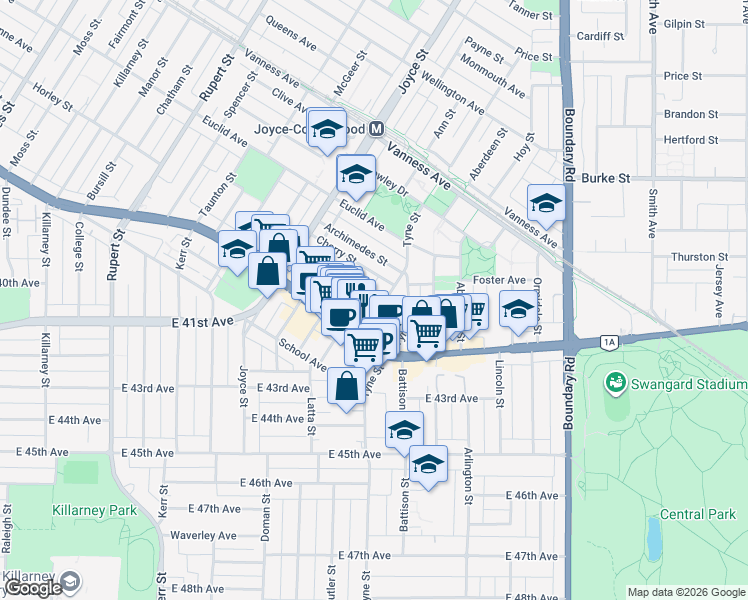 map of restaurants, bars, coffee shops, grocery stores, and more near 3395 Church Street in Vancouver
