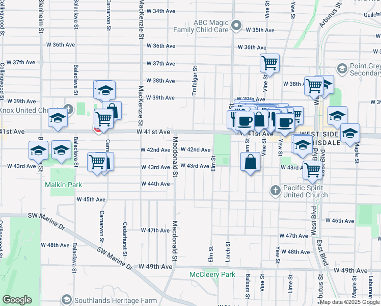 map of restaurants, bars, coffee shops, grocery stores, and more near 2726 West 42nd Avenue in Vancouver