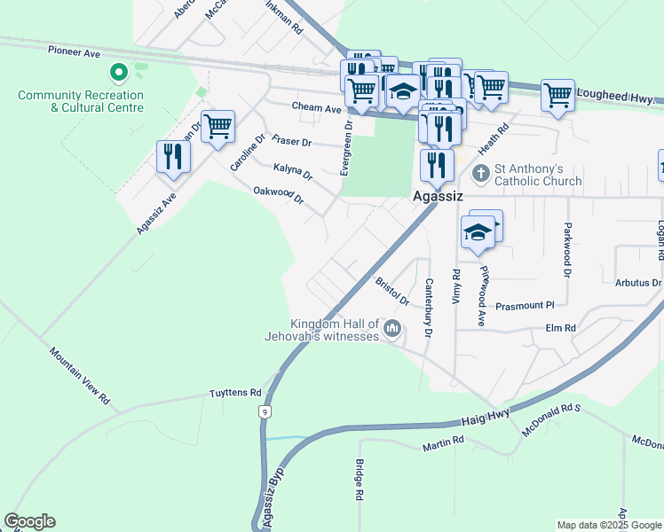map of restaurants, bars, coffee shops, grocery stores, and more near 1548 Mackay Crescent in Agassiz