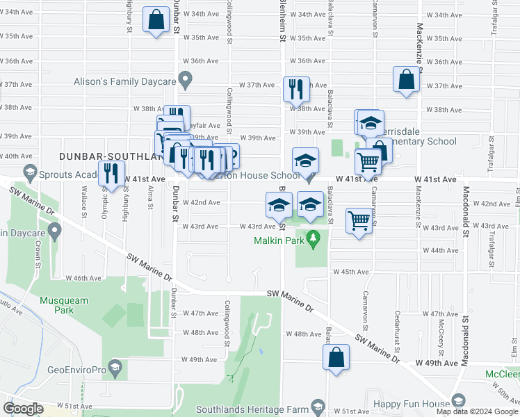 map of restaurants, bars, coffee shops, grocery stores, and more near 3370 West 42nd Avenue in Vancouver