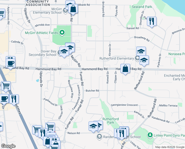 map of restaurants, bars, coffee shops, grocery stores, and more near 5864 Shadow Mountain Road in Nanaimo