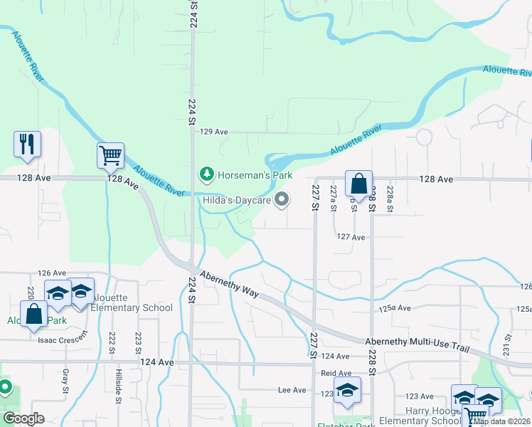 map of restaurants, bars, coffee shops, grocery stores, and more near 22558 127 Avenue in Maple Ridge