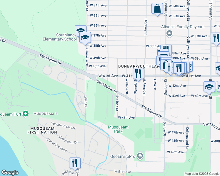 map of restaurants, bars, coffee shops, grocery stores, and more near 3988 Southwest Marine Drive in Vancouver