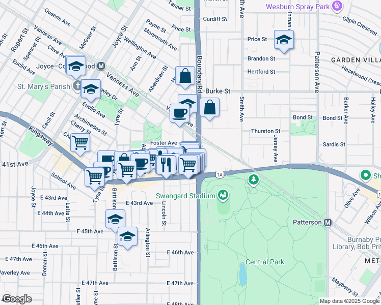 map of restaurants, bars, coffee shops, grocery stores, and more near 3665 Kingsway in Vancouver