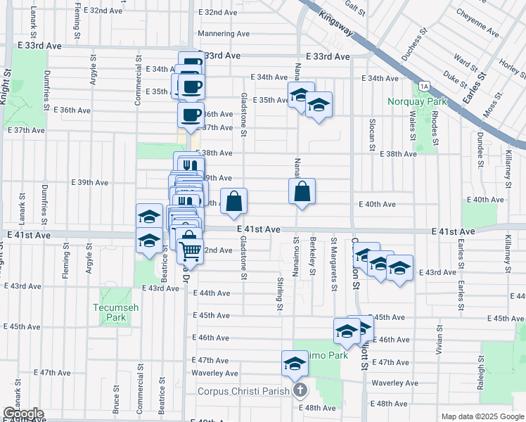 map of restaurants, bars, coffee shops, grocery stores, and more near in Vancouver